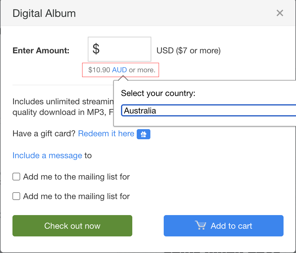 Country selection pop-up on purchasing page.